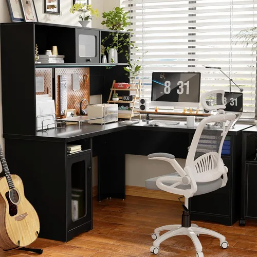 Vista 7 de Unikito Escritorio de oficina con cajones y gabinete, escritorio grande en forma de L para computadora con toma de corriente y luces LED, escritorio