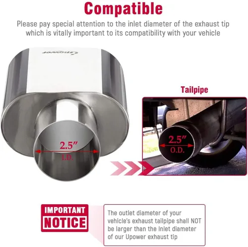 Vista 2 de Upower - Punta de escape cuadrada de 2.5 pulgadas con entrada de 3 pulgadas x salida de 5.5 pulgadas, 9 pulgadas de largo, cromo, acero inoxidable