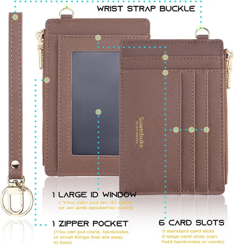 Vista 5 de Wikavanli Funda delgada para tarjetas de crédito con bloqueo Rfid para mujer, cartera con cremallera, cartera pequeña y compacta de cuero