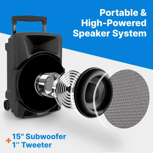 Vista 4 de Pyle - Sistema de bocinas PA portátil e inalámbrico – alta potencia de 1200W, compatible con Bluetooth para interiores y exteriores, altavoz DJ