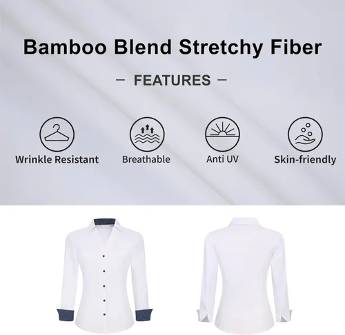 Vista 3 de WARHORSEE Camisa de botones de manga larga para mujer, camisas de vestir de trabajo, cuello en V, de fácil cuidado, elásticas, blusas casuales