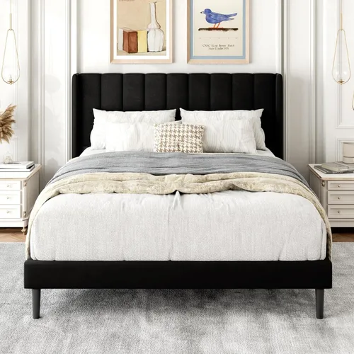 Vista 30 de Gruwans Base de cama tamaño Queen con cabecera de cama tapizada con respaldo abatible, base de cama de plataforma de fácil montaje, soporte de claro