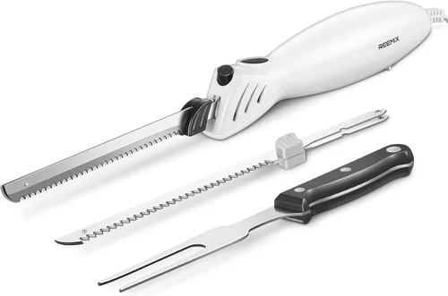 Vista 9 de Reemix Cuchillo Eléctrico con Mango, Potente Juego de Cuchillos Eléctricos de 150W para Cortar Carnes, Aves, Pan, Tenedor de Servir y 2 Cuchillas