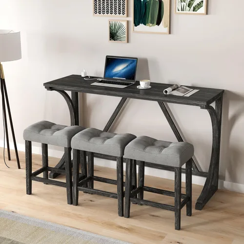 Vista 31 de Juego de mesa de comedor de 3 piezas con altura de mostrador, juego de comedor de madera maciza con 2 taburetes tapizados, mesa de comedor