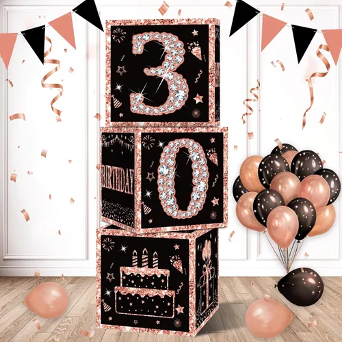 Vista 11 de Eiurteao 3 cajas de decoración de cumpleaños número 16 para niñas, cajas de globos de feliz cumpleaños de 16 años de oro rosa, suministros