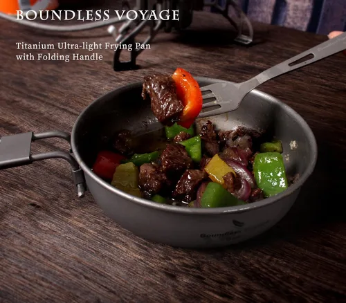 Vista 2 de Boundless Voyage Sartén de titanio con mango plegable ultraligero para acampar picnic sartén plancha vajilla utensilios de cocina A-Ti2061C