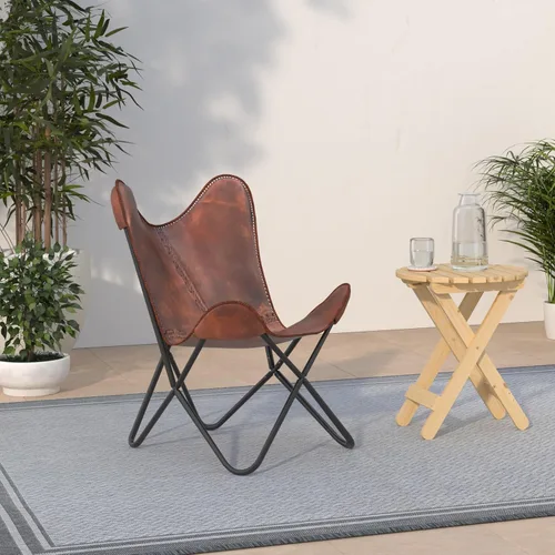 Vista 2 de cuero Elegante silla de mariposa de cuero marrón oscuro hecha a mano para sala de estar, silla lateral de cuero cosido, hecha a mano con marco