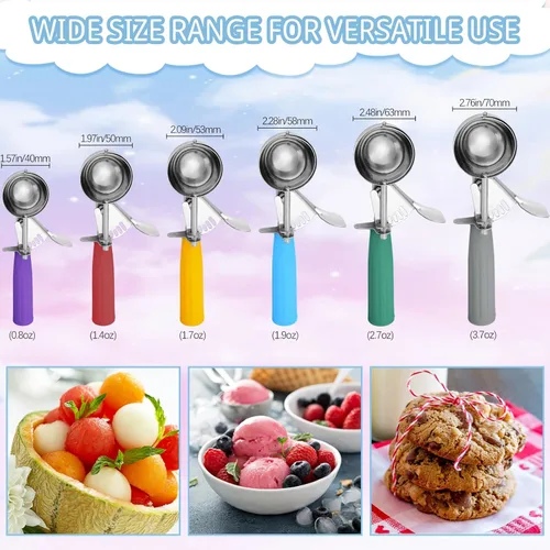 Vista 2 de Hsei 6 cucharas de helado de acero inoxidable para porciones de galletas con asa para hornear alimentos, masa de galletas, magdalenas