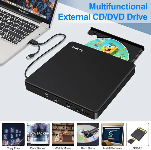 Vista 2 de Guamar Unidad externa de CD/DVD para computadora portátil: Grabador de CD USB C portátil Reproductor de DVD Superdrive para Apple Mac, MacBook PC