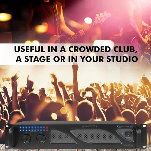 Vista 7 de Technical Pro Amplificador de potencia profesional de DJ de 2 canales de 3000 vatios 2U con ventiladores de doble velocidad de enfriamiento