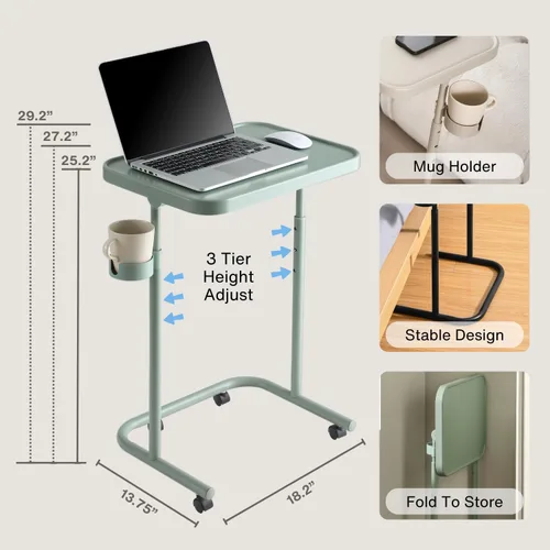 Vista 2 de Keepo Bandeja de TV de metal con ruedas/ruedas, mesa auxiliar lateral, bandeja ajustable para comidas, mesa plegable para portátil con 3 alturas