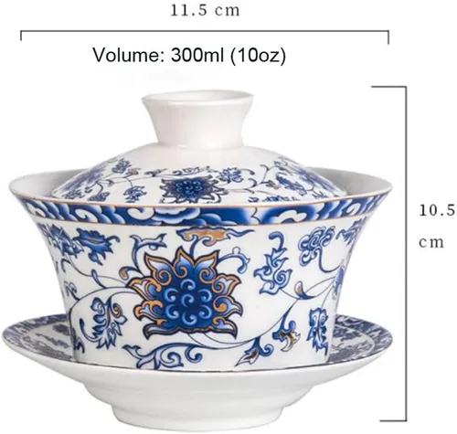 Vista 2 de YBK Tech - Taza de té grande de Gaiwan, de porcelana de 10 onzas, con platillo y tapa, Gaiwan tradicional chino, cuenco de té Sancai (1#)