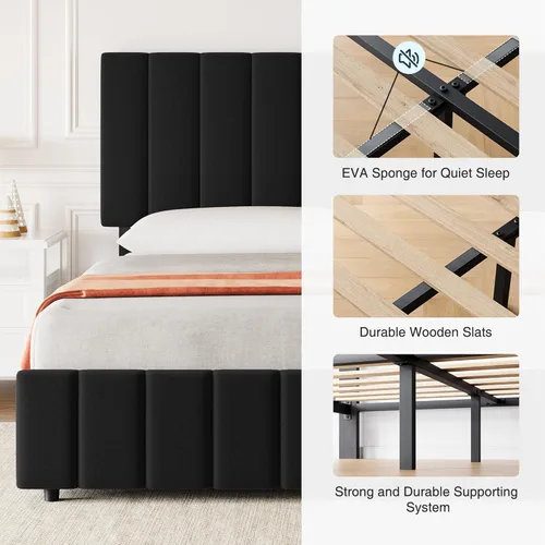 Vista 4 de IDEALHOUSE Base de cama tapizada tamaño Queen con 4 cajones de almacenamiento, cabecera ajustable y soporte de listones de madera, no necesita