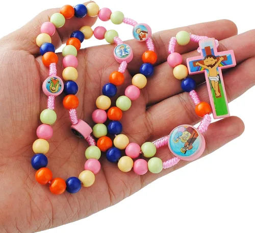 Vista 6 de Cuentas de madera multicolor con oración de San Petersburgo con Rosario de cuerda de Natividad para niños