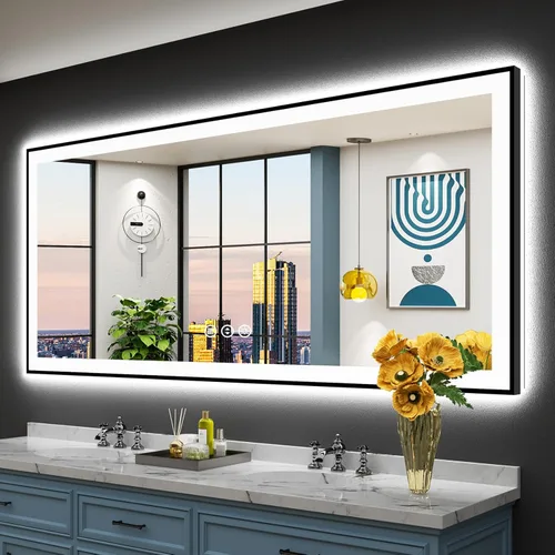 Vista 51 de Espejo de baño LED de 48 x 30 pulgadas con luces, retroiluminado + frontal iluminado, espejo de tocador con luz antiniebla para pared de baño con 3