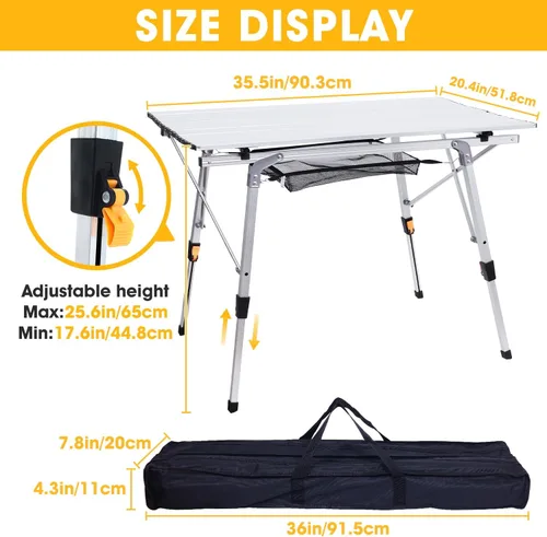 Vista 2 de ERYTLLY Mesa de camping plegable, mesa de picnic portátil al aire libre con patas ajustables, mesa de playa de aluminio ligera con mesa enrollable