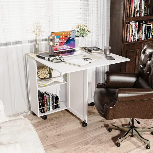 Vista 6 de 3imothrix Mesa de comedor plegable, mesa de comedor con cajón y almacenamiento y estantes, mesa de comedor que ahorra espacio con 6 ruedas, mesa