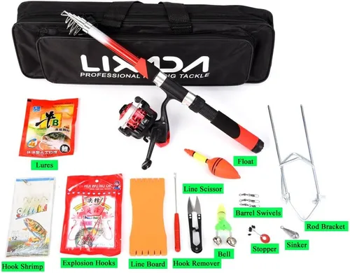 Vista 2 de Kit completo de carrete de caña de pescar con 2 cañas de pescar telescópicas de 6.9 ft, 2 carretes de señuelos de pesca ganchos accesorios bolsa