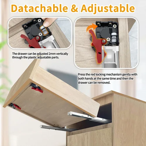Vista 5 de Cajón de montaje inferior de cierre suave, rieles de 9 pulgadas con soporte de montaje trasero, dispositivos de bloqueo, tornillos para marco facial
