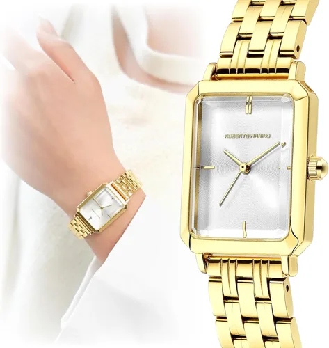 Vista 8 de Roberto Marino RM1982 Reloj de Lujo para Mujer Rectangular en Oro Movimiento de Cuarzo Japonés, Diseño Vintage de Acero Inoxidable, Esfera