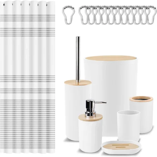 Vista 11 de Britimes juego de accesorios de baño, juego de cortinas de ducha boho con cubo de basura, dispensador de jabón, soporte para escobilla de inodoro