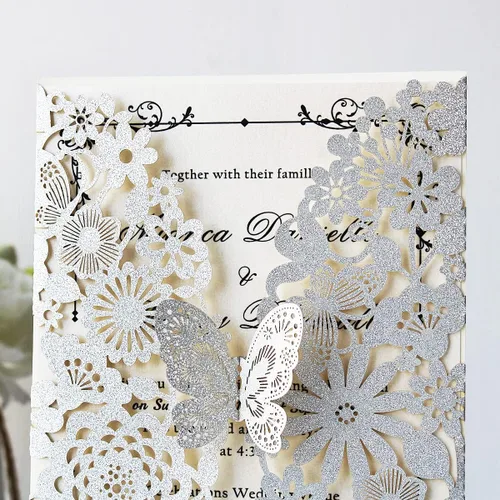 Vista 30 de Hosmsua 20 tarjetas de invitación de boda de champán con sobres de 5.12 x 7.3 pulgadas, cortadas con láser, mariposa, encaje, invitación para boda