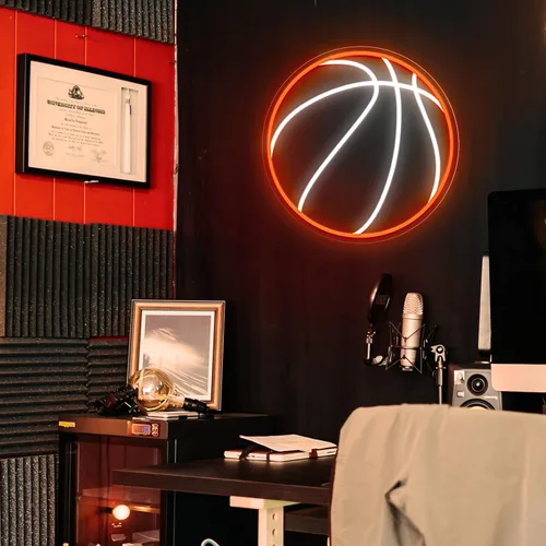 Vista 3 de Letrero de neón de baloncesto, luz de neón LED de baloncesto de 12.6×12.6 pulgadas, letreros de neón LED regulables para decoración de pared