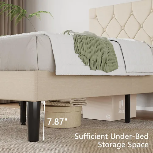 Vista 6 de VECELO Base de cama tamaño individual con cabecera capitoné con botones, base de cama tapizada con soporte de listones de madera, no necesita Beige