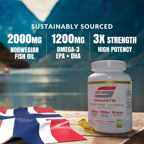 Vista 3 de Suplemento de Omega-3 prístino de granito, 2000 mg de suplementos de aceite de pescado noruego con EPA y DHA, apoya las articulaciones, el corazón