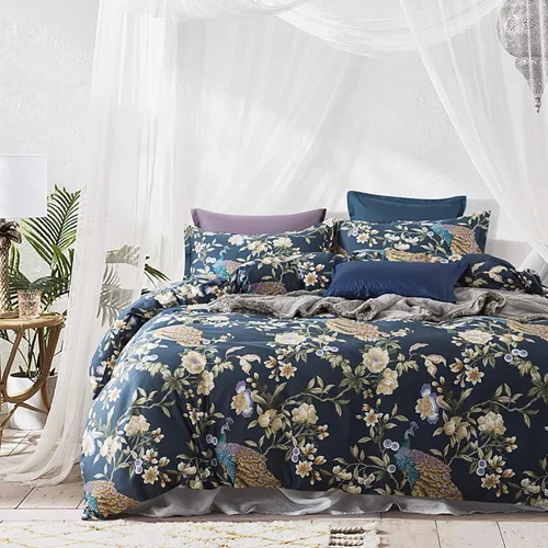 Eikei Funda para edredón con estampado oriental de jardín con pavo real y flores Estilo asiático elegante de árboles en flor Juego de ropa de cama