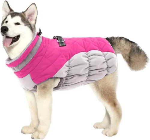 Vista 9 de Lelepet Abrigo cálido para perro, abrigo de invierno para perro, chaqueta impermeable para perros con arnés integrado reflectante para mascotas