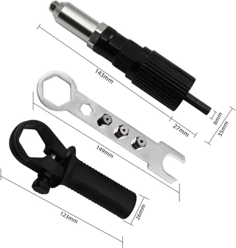 Vista 6 de Adaptador de pistola de remaches con mango de plástico removible, cabezal de pistola de remaches eléctrica, accesorios de herramienta de taladrado