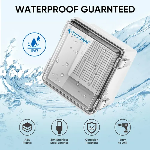 Vista 2 de TICONN - Caja de conexiones eléctricas impermeable IP67, recinto de plástico ABS con tapa con bisagras con placa de montaje, soportes de pared