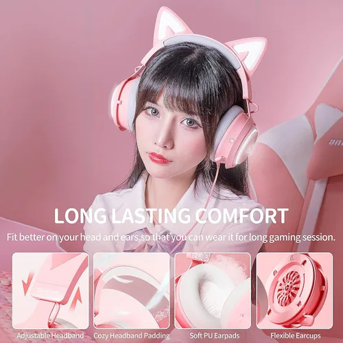 Vista 4 de SOMIC GS510 - Auriculares para juegos con orejas de gato, auriculares para PC con cancelación de ruido de micrófono retráctil, sonido estéreo