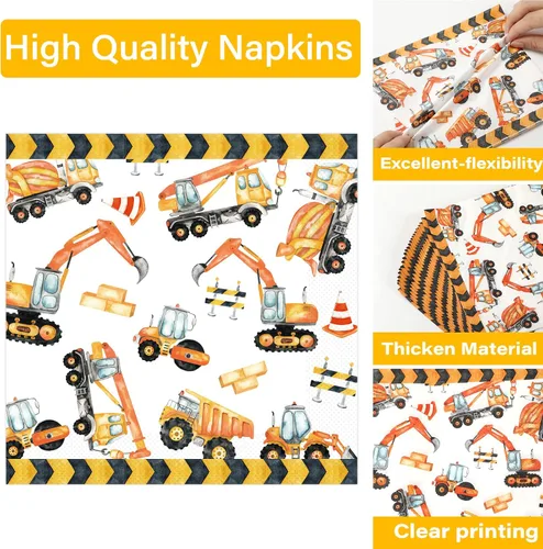 Vista 3 de 100 piezas de platos y servilletas de fiesta de cumpleaños de construcción, suministros de decoración de fiesta de cumpleaños con camión volquete