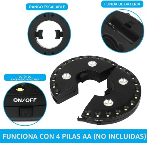 Vista 7 de Parasol de sombrilla para patio, luces 3 en modo brillo e inalámbrico, 28 luces LED en 220 Lux. 4 x AA baterías de función, sombrilla con pértiga