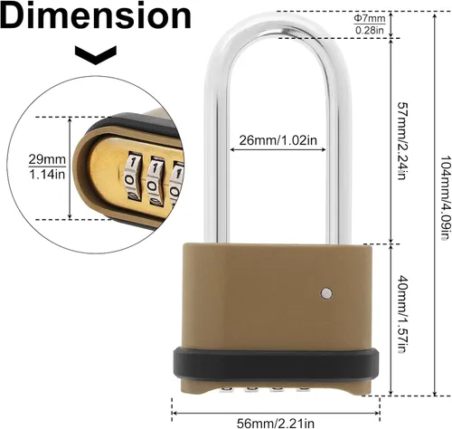 Vista 2 de Candado de combinación de 4 dígitos, candado de combinación resistente con grillete de 2.5 pulgadas de largo, candado impermeable al aire libre