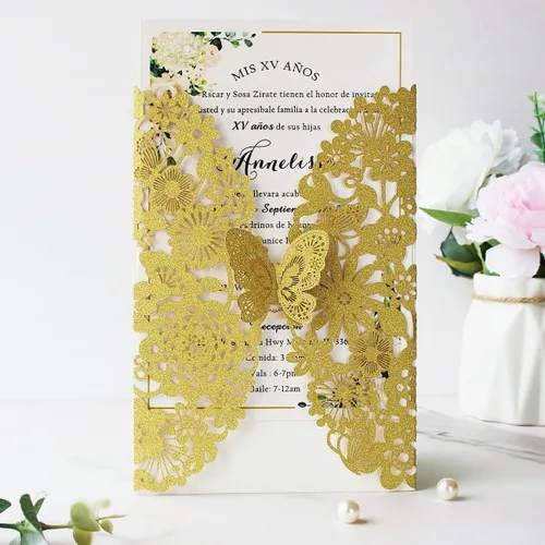Vista 35 de Hosmsua 20 tarjetas de invitación de boda de champán con sobres de 5.12 x 7.3 pulgadas, cortadas con láser, mariposa, encaje, invitación para boda