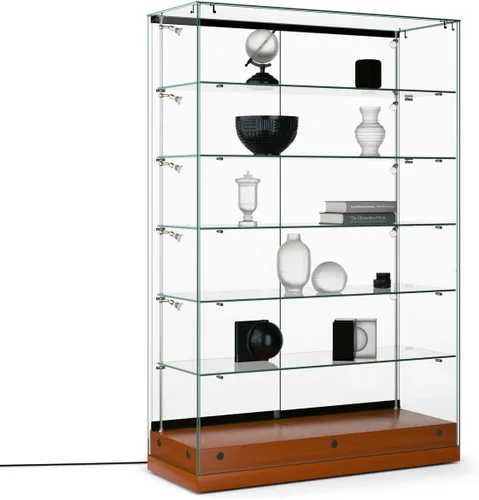 Vista 6 de displays2go 24" W Vidrio Templado showcases, 10 luces de LED laterales, 5 baldas ajustables, base de tablero DM, color negro (gtec24ledb)