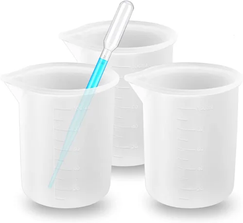 Vista 2 de Woohome Kit de herramientas de 5 tazas medidoras de resina de silicona, vasos de medición de 3.4 fl oz con cuentagotas de plástico para mezcla