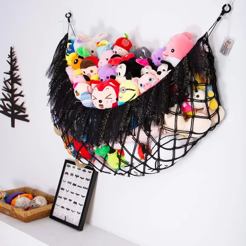 Vista 2 de Hamaca grande de animales de peluche con luz montada en la pared, hamaca Squishmallow de peluches, organizador de juguetes, hamaca de macramé Negro