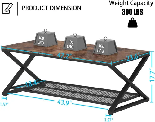Vista 3 de LVB Mesa de café negra, mesas centrales de 2 niveles de metal y madera con estante de almacenamiento, mesa de té moderna rectangular para el cóctel