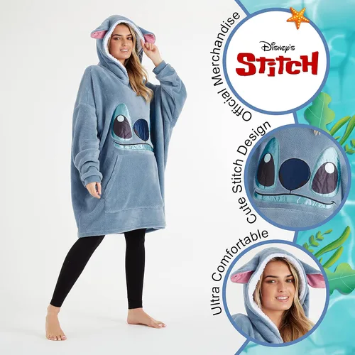 Vista 3 de Disney Manta con Capucha de Stitch para Mujeres y Adolescentes, Poncho con Capucha de Forro Polar Extragrande y Vestible con Bolsillo, Regalos
