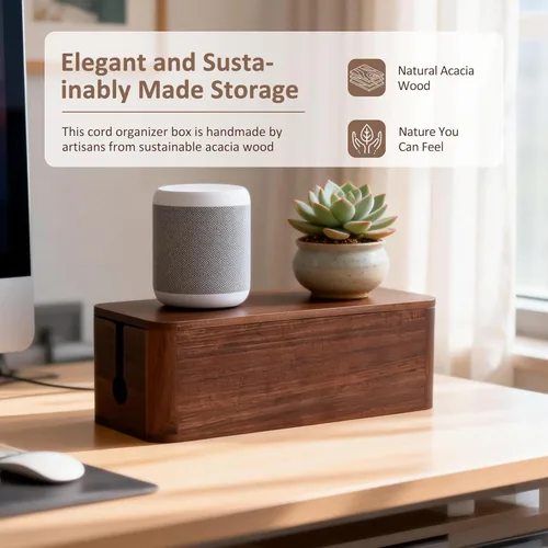 Vista 2 de Caja grande de gestión de cables de madera de acacia, organizador y organizador para cables de TV, regleta de alimentación, ocultación eléctrica