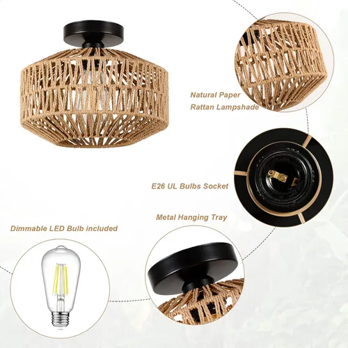 Vista 7 de Lámparas de Techo Bohemias de Montaje en Techo, Mini Lámpara de Araña de Ratán con Bombilla LED Regulable, Lámparas de Techo Tejidas a Mano