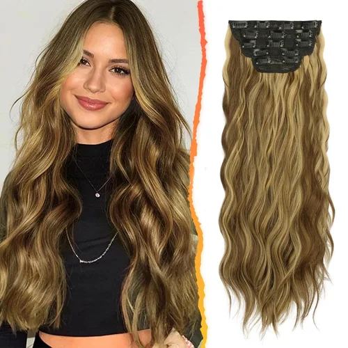 Vista 26 de BARSDAR Extensiones de cabello con clip de 18 pulgadas, onduladas – 5 piezas de extensiones de cabello sintético gruesas y suaves – Extensiones