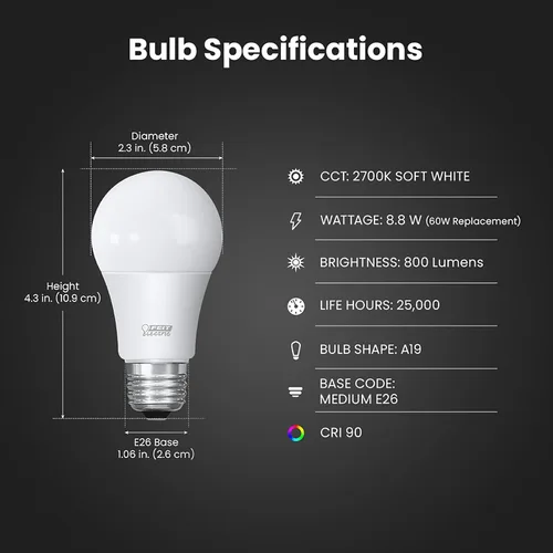 Vista 3 de Feit Electric Bombilla LED A19 Mejorada, equivalente a 60 W, 8.8 W, 800 lúmenes, blanco suave de 2700 K, CRI 90+, regulable, base E26, accesorio