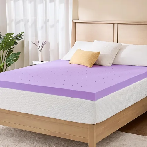 Cubrecolchón de espuma viscoelástica de infusión de lavanda individual de 2 pulgadas para un sueño relajado, ventilado y alivia la presión, Púrpura