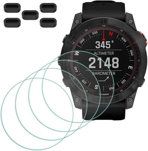 Protector de pantalla para Garmin fenix 7X/7X Sapphire Solar Smartwatch [4 piezas] + 5 tapones antipolvo, vidrio templado dureza 9H película sin