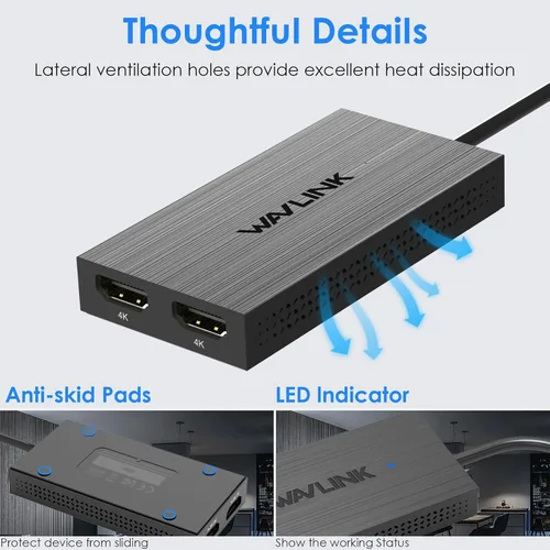 Vista 6 de WAVLINK Divisor USB 3.0 o USB C a HDMI dual 4K@60hz pantalla extendida para monitor doble, adaptador Displaylink dos HDMI 4K 60Hz para Apple Mac